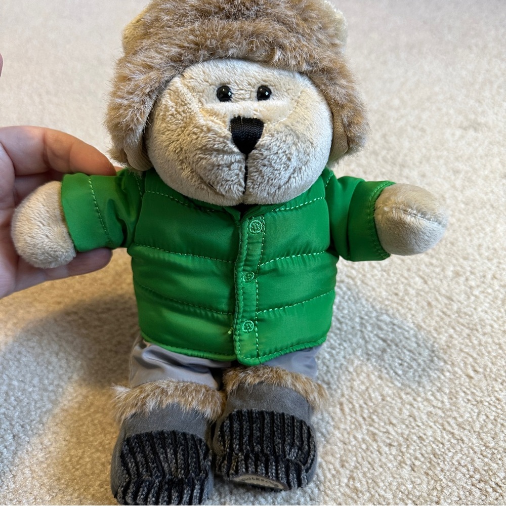2011 Starbucks Bearista Bear plush stuffed toy green puffer jacket faux fur hat